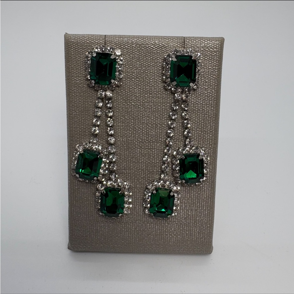 Green Emerald And Clear Drop Crystal Rhinestone Dangle Earrings in Silver Tone